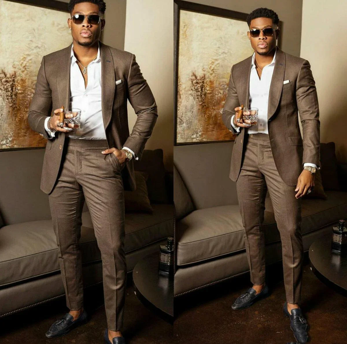 2024 Fashion Brown Casual Men Suits Tuxedo High Quality Slim Fit Jacket Pants For Men Custom Business 2 Piece Set Costume Homme