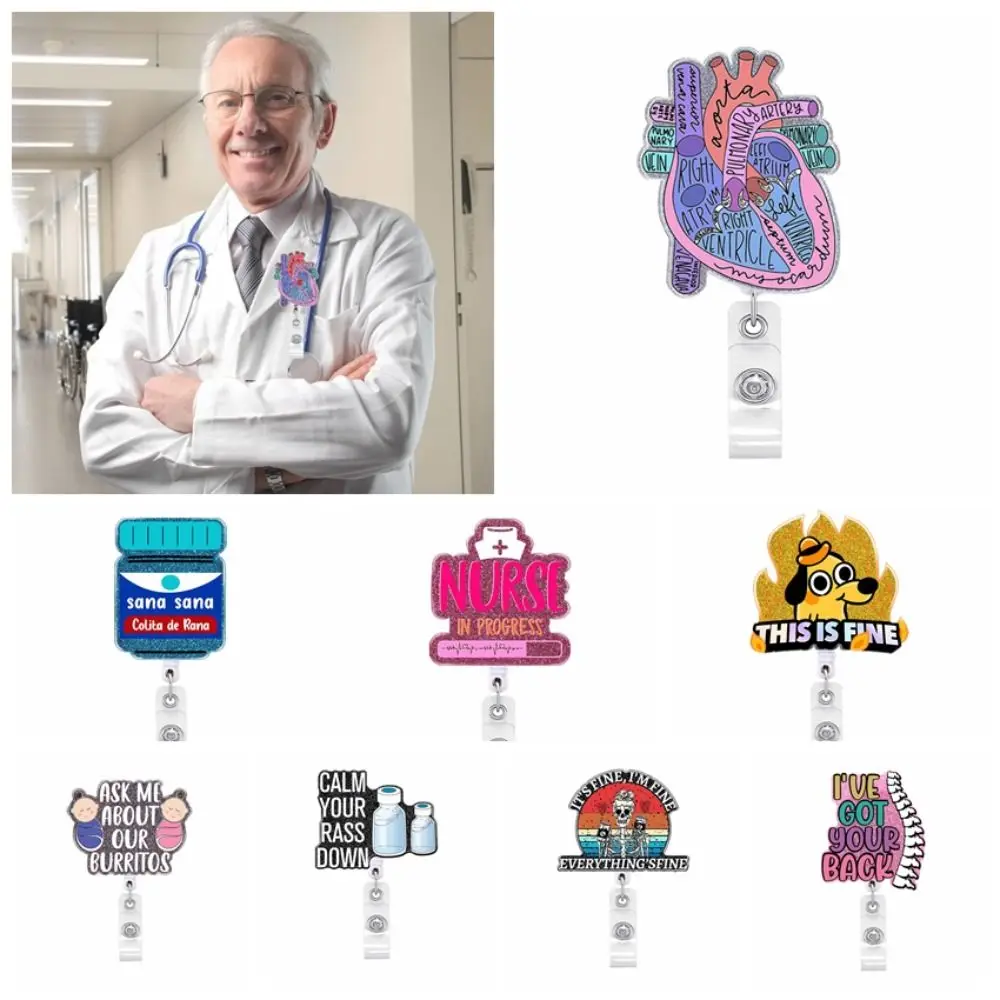 

Glitter Nurse Retractable Badge Reel Letter Acrylic Name Card Holder Chill Pill 360 Rotating Alligator Clip