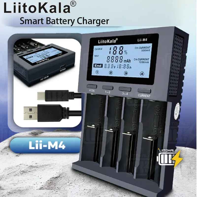 Universal Smart Battery Charger with LCD Display, 4-Slot for Various Sizes, 5V 2A Capacity Testing