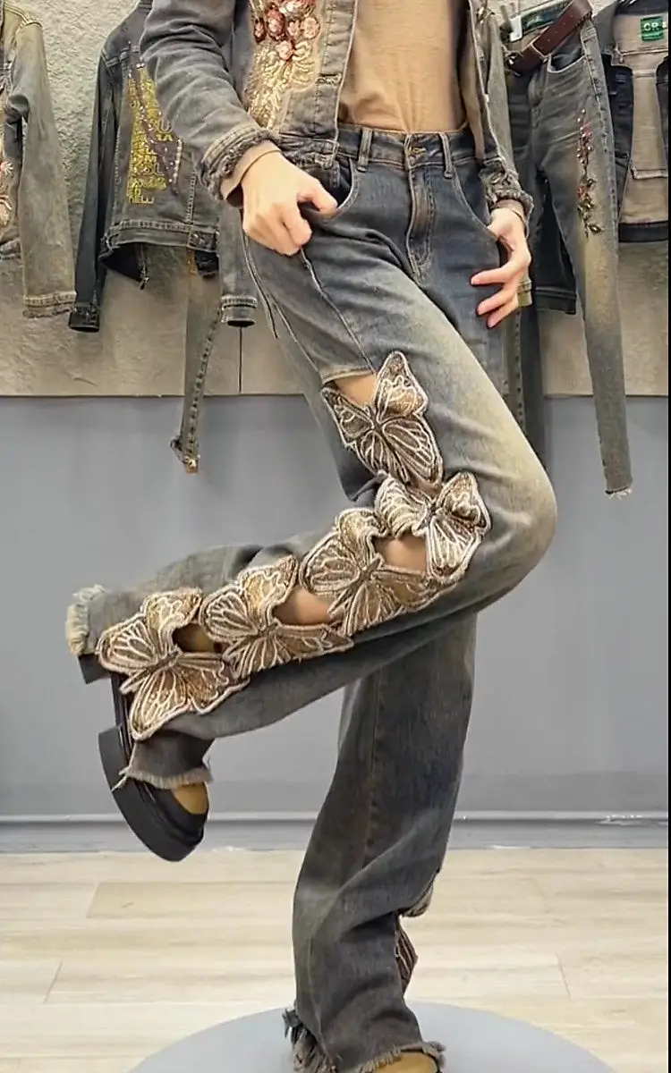Jeans Butterfly Embroidery Y2K Hollow Out Women Harajuku  Denim Wide Leg Pants Streetwear High Waist Straight Trousers New