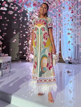Chic Printed Women's Dress O-Neck Short Sleeve Loose Feather Patchwork Women'S Long Dresses 2026 Summer Female Vacation Robe 1