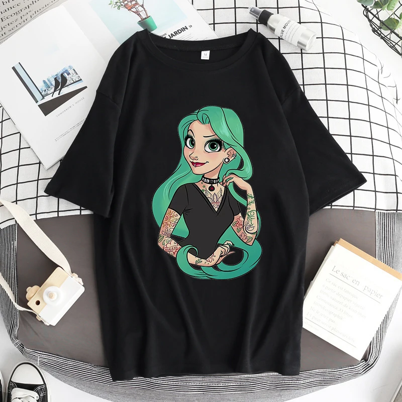 2022 New Alice In Wonderland T Shirts Womens Cotton Tops Black Alice Snow White Print Casual Short Sleeves 90s Fashion Top black t shirt for men