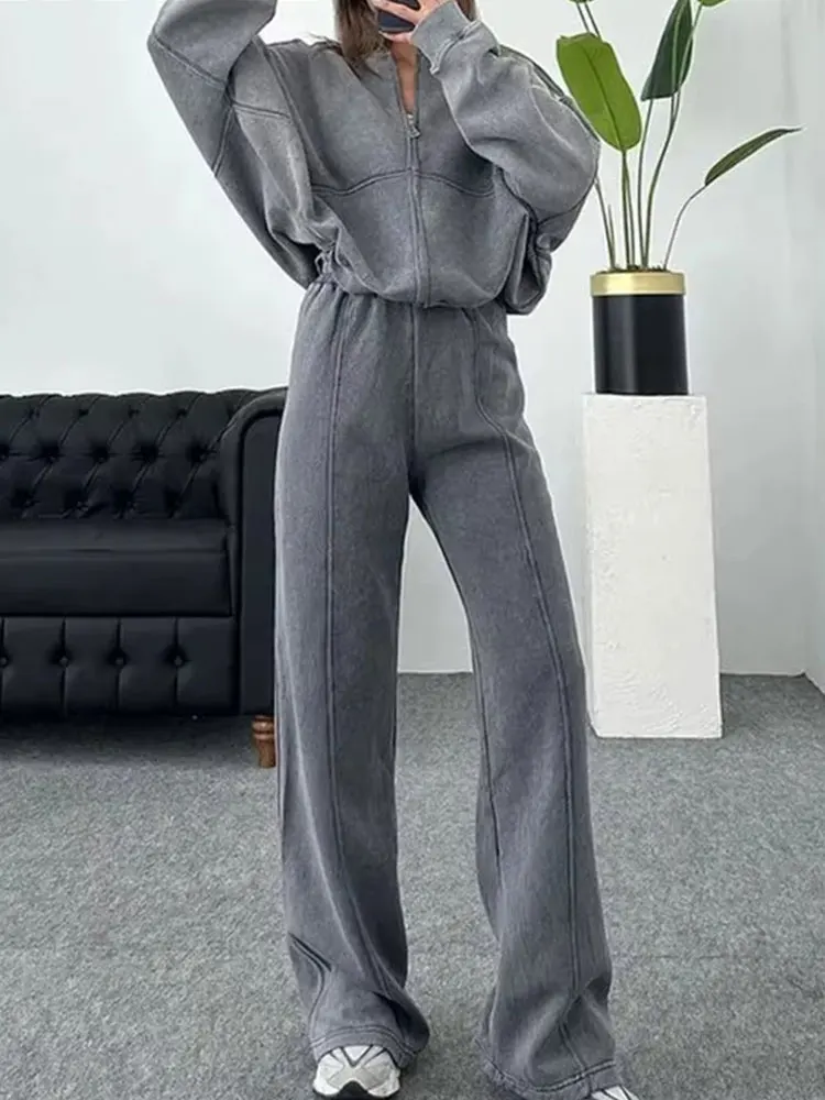 HH Bomber Jacket Pant Sets For Women Casual Long Sleeve Zipper Coat Vintage Solid Sweatshirt Outfits Autumn Woman Streetwear