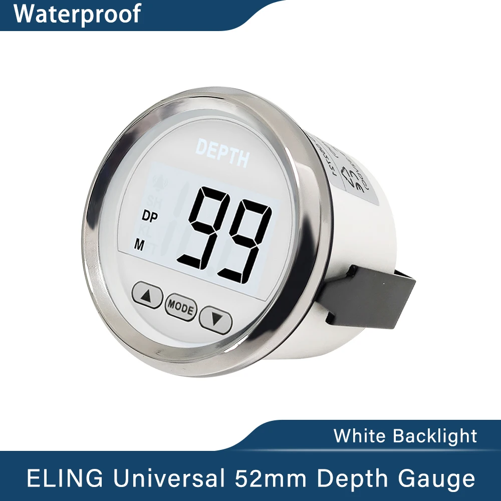 ELING Newest 52mm Digital Depth Gauge Indicator with Transducer and White Backlight for Yachts Fishing Boats Universal 12V