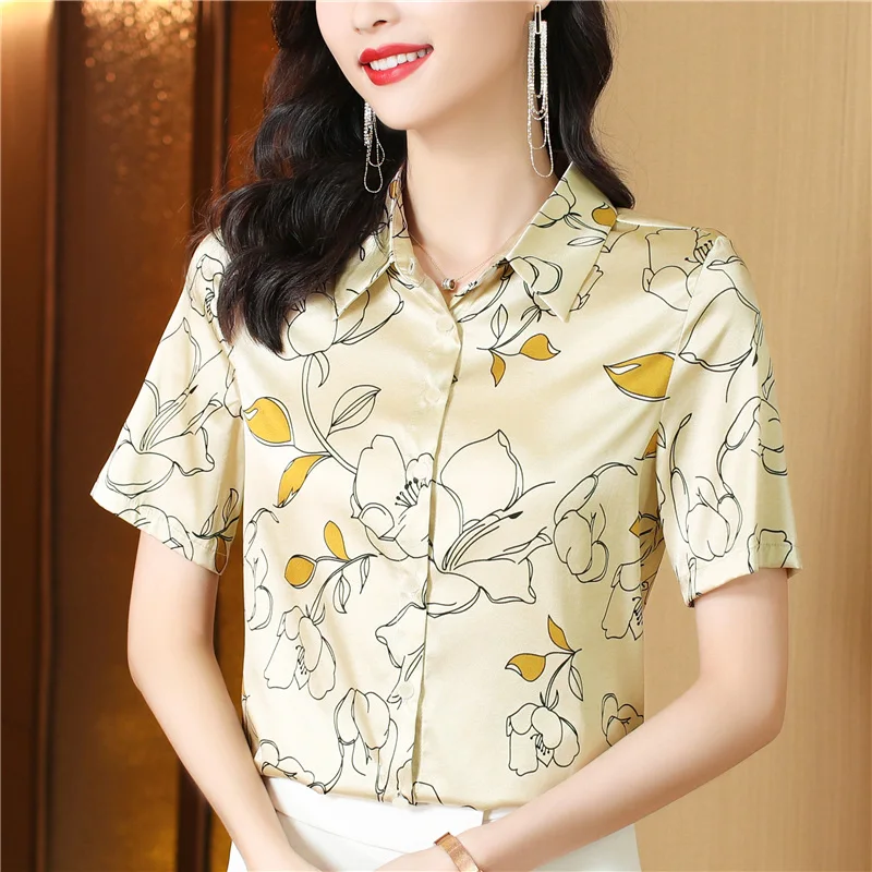 

Satin Vintage Women's Shirt Summer Silk Prints Blouses Short Sleeve Loose Women Tops Polo-neck Fashion Clothing YCMYUNYAN