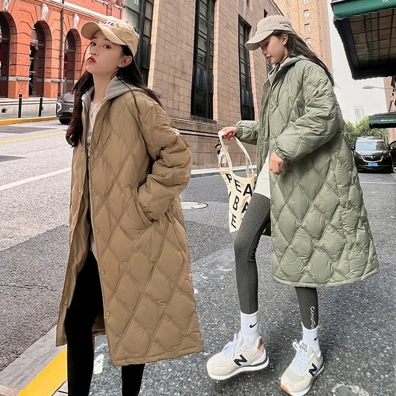 Long Winter Thickened Down Cotton Coat 2025 New Women's Fake Two Pieces Quited Cotton Coat Hooded Parka Female Down Cotton Coat