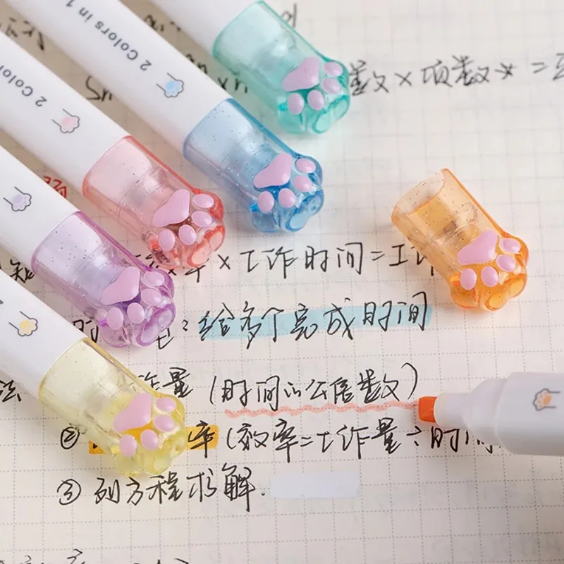 Highlighter Marker Art Marker Marker Pen 6pcs Kawaii Cat Claw Highlighters Double Head 12 Color Fluorescent Art Markers Korean Stationery Cute School Office Supplies