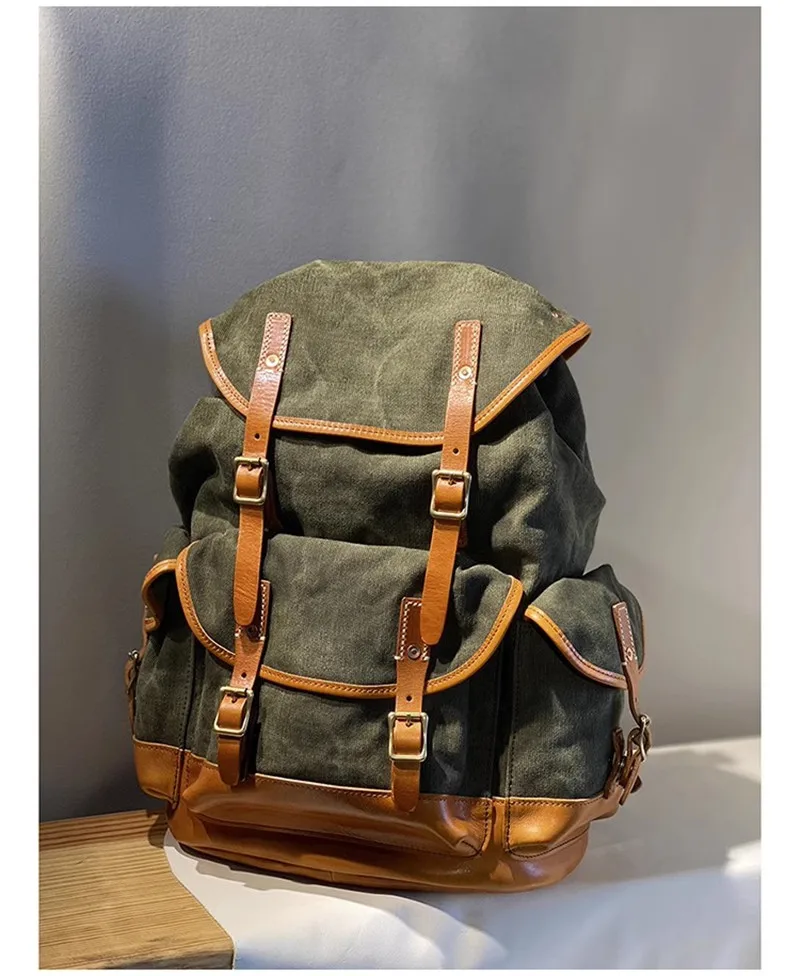 PNDME Vintage Erste Schicht Rindsleder Leinwand Große Kapazität Herren Rucksäcke Outdoor Casual Reise Designer Damen Große Schultasche – Detail 2