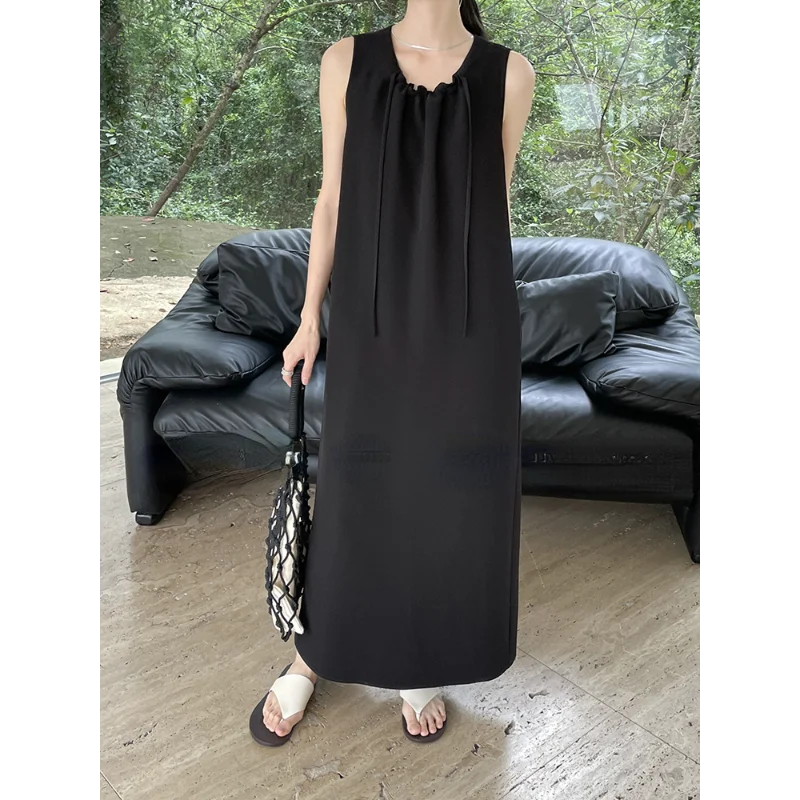 

Women French Simple Drape Sleeveless Dress Basic Lazy Wind Relaxed Casual Office Elegant Black White Lady Vest Dress Summer