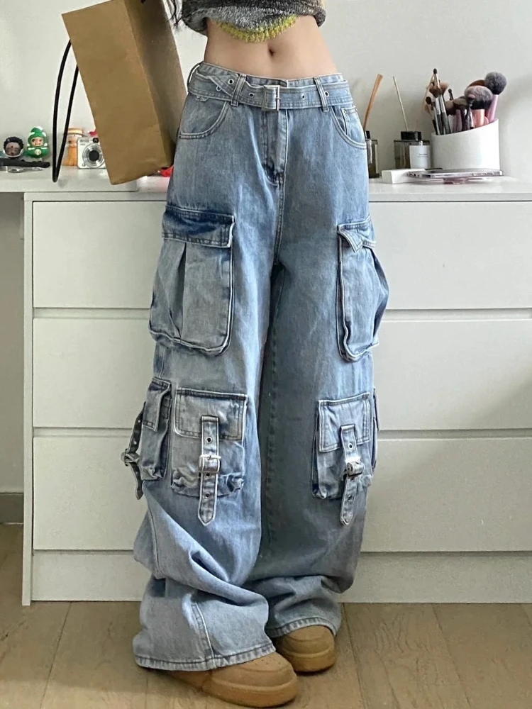 ADAgirl Blue Cargo Jeans Women Y2k Oversize Fashion Kpop Belt Pocket Straight Wide Leg Denim Pants Hip Hop Causal Mujer Trousers