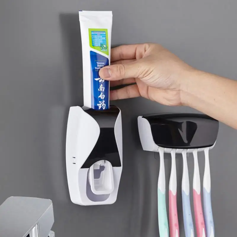 Automatic Toothpaste Dispenser Set Toothbrush Holder Wall Mount Dust-proof Sticky Suction Storage Rack Toothpaste Squeezer Bath