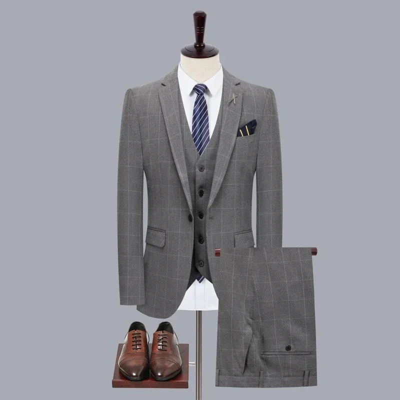 

Boutique (Blazer+ Vest + Pants) Men's Fashion Business Formal British Style Gentleman Plaid Casual Wedding 3-piece Set M-7XL