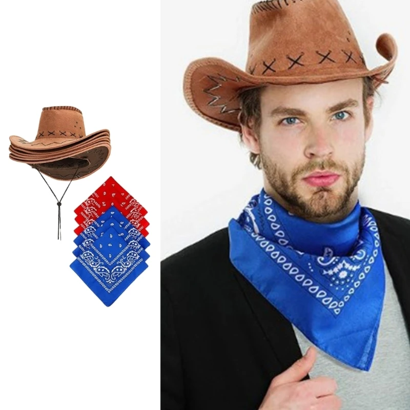 

12PCS Western Cowboy Hat Bandanas for Bridal Shower Cowgirl Hat Neckscarf Costume Set Adult Headwear Party Props Outfit DropShip