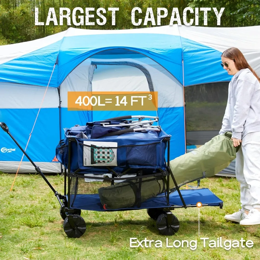 PORTAL Collapsible Double Decker Wagon, Folding Wagon Cart with Tailgate, Beach Wagon with Big Wheels, 450LB Heavy Duty