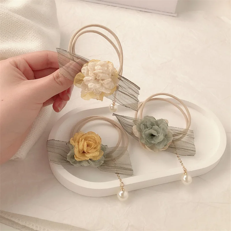 

Fairy Style Mesh Tassel Pearl Flower Girls Hair Ties Candy Elastic Rose Hair Bands Pigtails Hair Rope Rubber Hair Gum Scrunchies