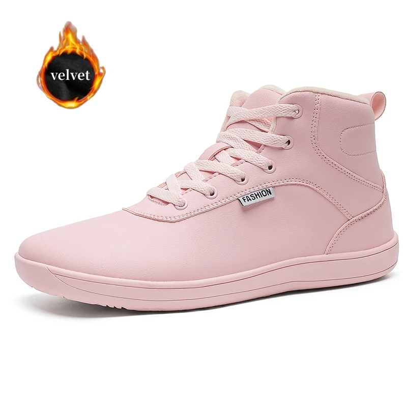 HKDQ Winter Fur Barefoot Shoes Unisex Comfy Wide Toe Men's Sneakers Warm Velvet Women's Walking Shoes Leather High Top Shoes Men