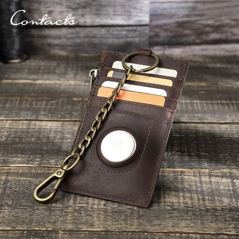 

CONTACT'S Crazy Horse Leather RFID Card Wallets for Men AirTag Slot Metal Chain Card Holders Zip Coin Purses Casual Men's Wallet