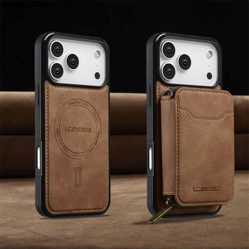 Magnetic Dual-Function Leather Wallet Phone Case with Zipper Card Holder
