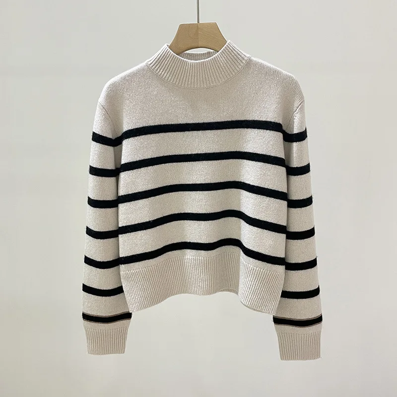 

Women Beading Chain Stripes Sweater 2023 Autumn Winter New Ladies Half Turtleneck Long Sleeve Casual Female Pullover