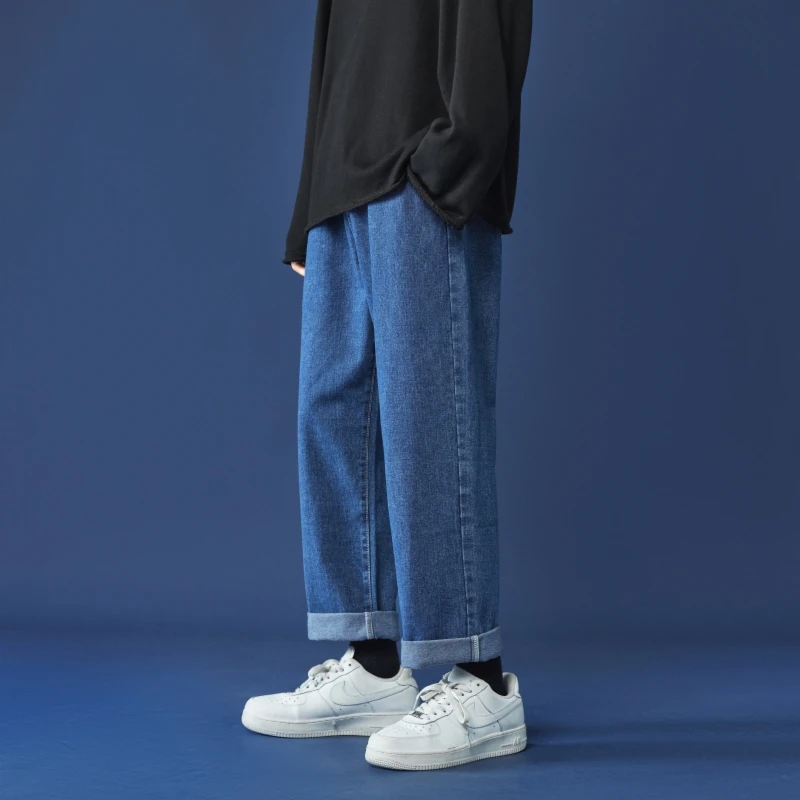 CAAYU 2023 Casual Baggy Jeans Mens Korean Streetwear Fashion Hip Hop Straight Wide Leg Trousers Couple Casual Pants Black Blue
