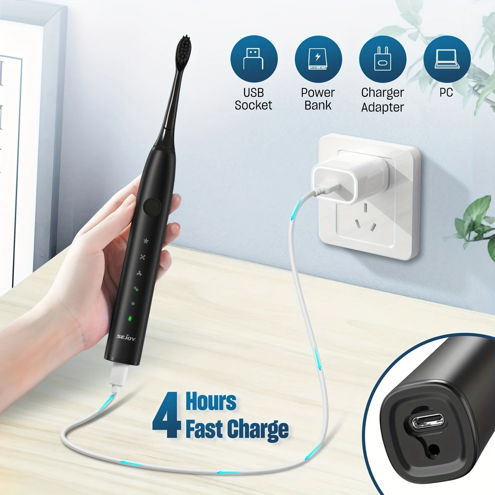 Sejoy Electric Toothbrush With 8 Replacement Brush Heads Whitening Portable Sonic Toothbrush Rechargeable with Travel Case 3