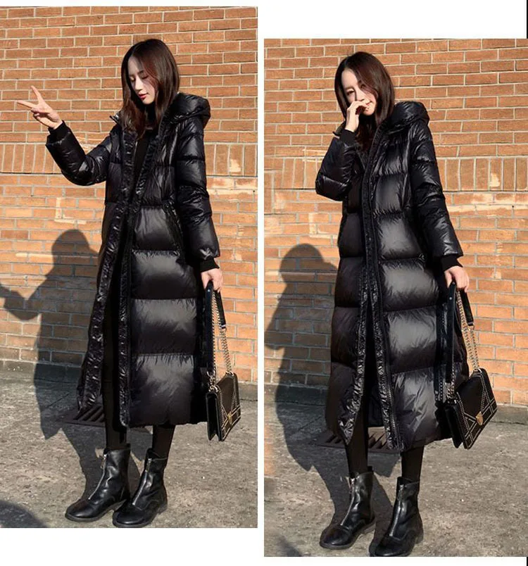 preto brilhante parka casaco moda feminina engrossar inverno com capuz solto longo jaqueta feminina prova de vento prova chuva quente outwear
