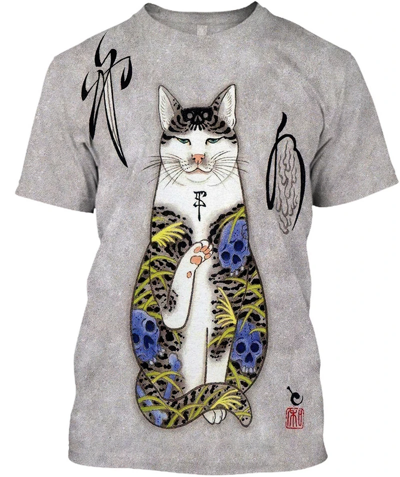 

Japan Samurai Cat Printed Men T Shirts Street Trend Women Casual Tees Summer Fashion O-neck Short Sleeve Tops Oversized Clothing