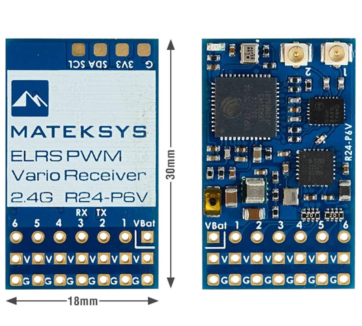 Détail du module émetteur-récepteur ExpressLRS 2.4GHz ESP32 SX1280 AT2401C, avec composants électroniques et antenne.