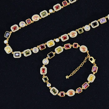 18K Gold Plated Bold Fashion Hip Hop Multi-Gem Jewelry Set  Unisex Sparkling Street Accessories