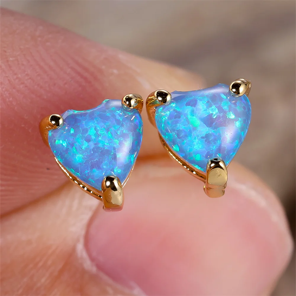 Charm Heart Stone Blue White Green Fire Opal Stud Earrings For Women Trendy Silver Color Birthstone Wedding Jewelry Bridal Gifts