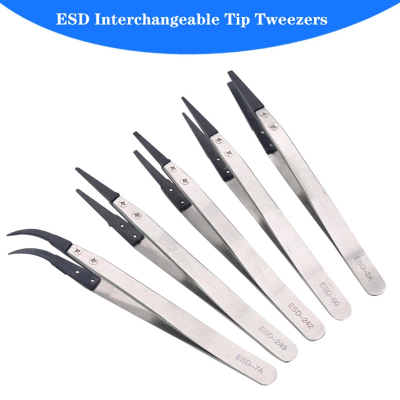 ESD Tweezers Replaceable Tweezers Tips Stainless Steel Body Carbon Fiber Conductive Plastic esd anti static tweezers