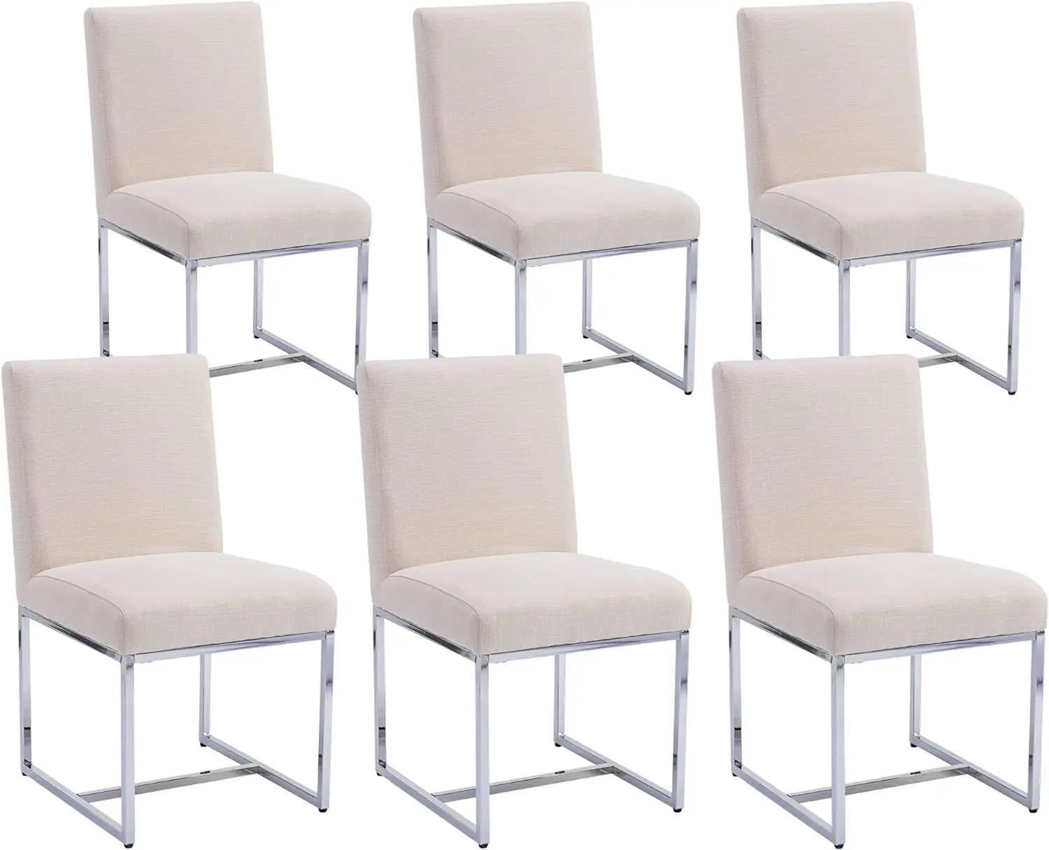 Linen Upholstered Dining Chairs Set of 6 Mid Century Modern Padded Chair with Chrome Metal Frame for Restaurant