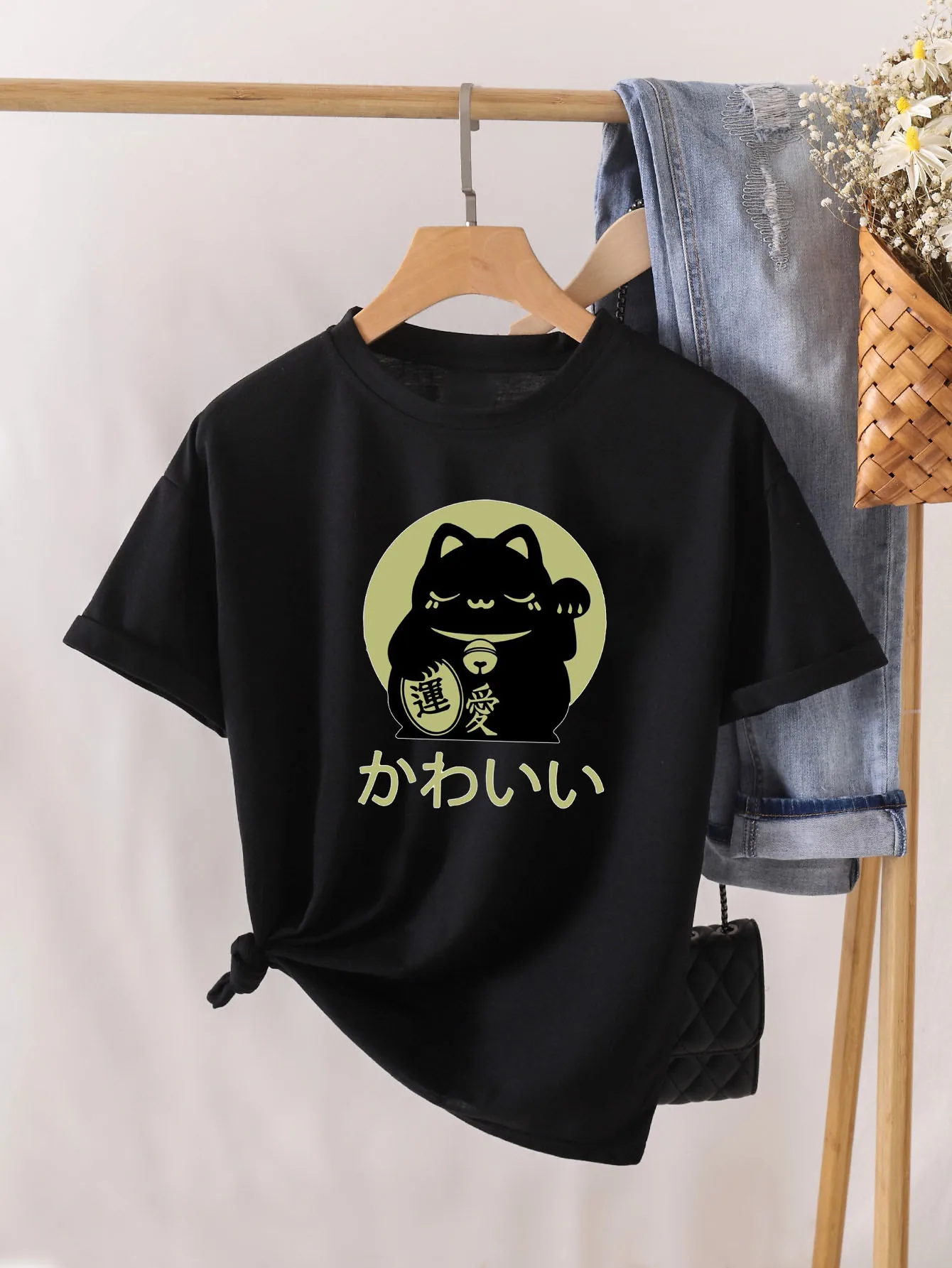 

Cute Cat Print Soft Casual O-Neck Woman T-Shirt Casual Top