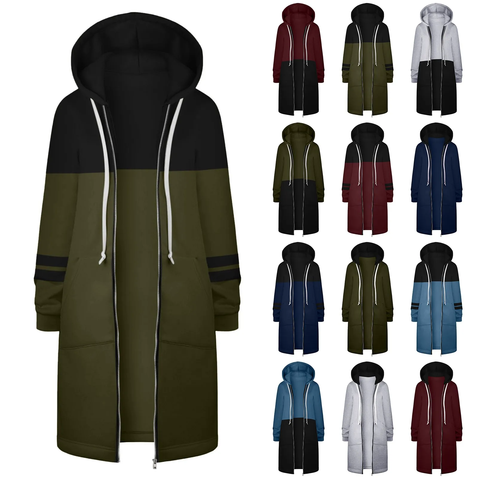 y2k Women's Long Sleeve Hoodies Coat Women Daily Wear Colour Blocking Hooded Hip Zip Straight Sweatshirt All-Match Clothing