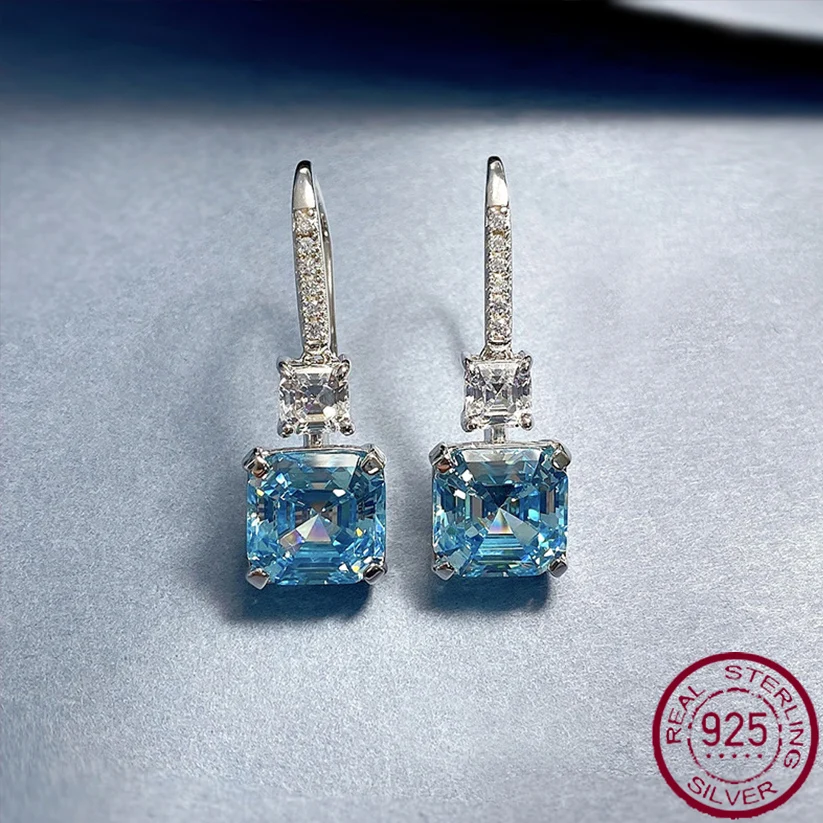 

New 925 Silver Ear Hook Women's Luxury Inlaid 10 * 10 Blue Treasure Square Pagoda High Carbon Diamond Earrings