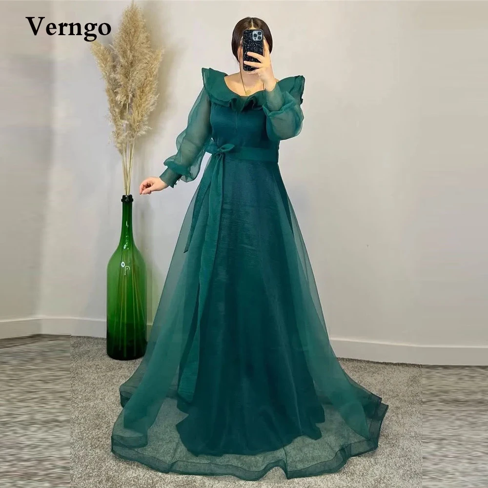 

Verngo Modest Green/Red Organza Evening Dresses Long Sleeves Jewel Neck A Line Floor Length Arabic Women Formal Prom Dress
