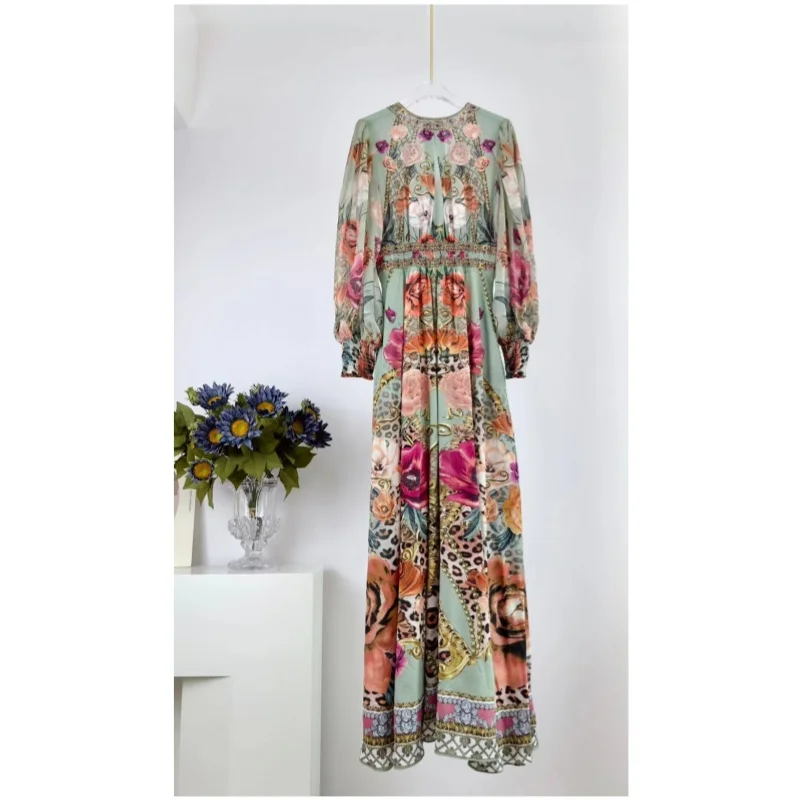 

2024 Australian Noble Woman Romantic Bohemian Flower and Wild Leopard Pattern V-neck Silk Long Dress