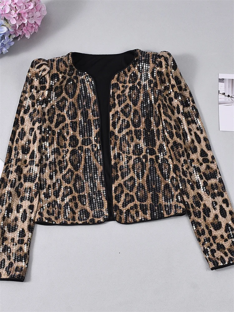 Wmstar Tailored Coat Women's Clothing Wholesale Leopard Print Sequined Personalized Outdoor Long Sleeve Suit Jacket Dropshopping