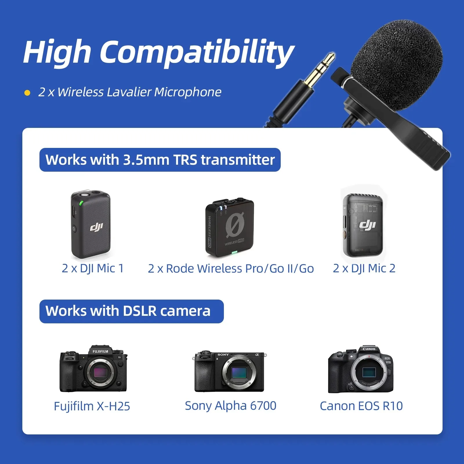 CaTeFo 2팩 라발리에 마이크 (DJI Mic 2 / RODE Wireless GO II / PRO 호환), 3.5mm TRS 핀 마이크 (DJI RODE 무선 송신기용)