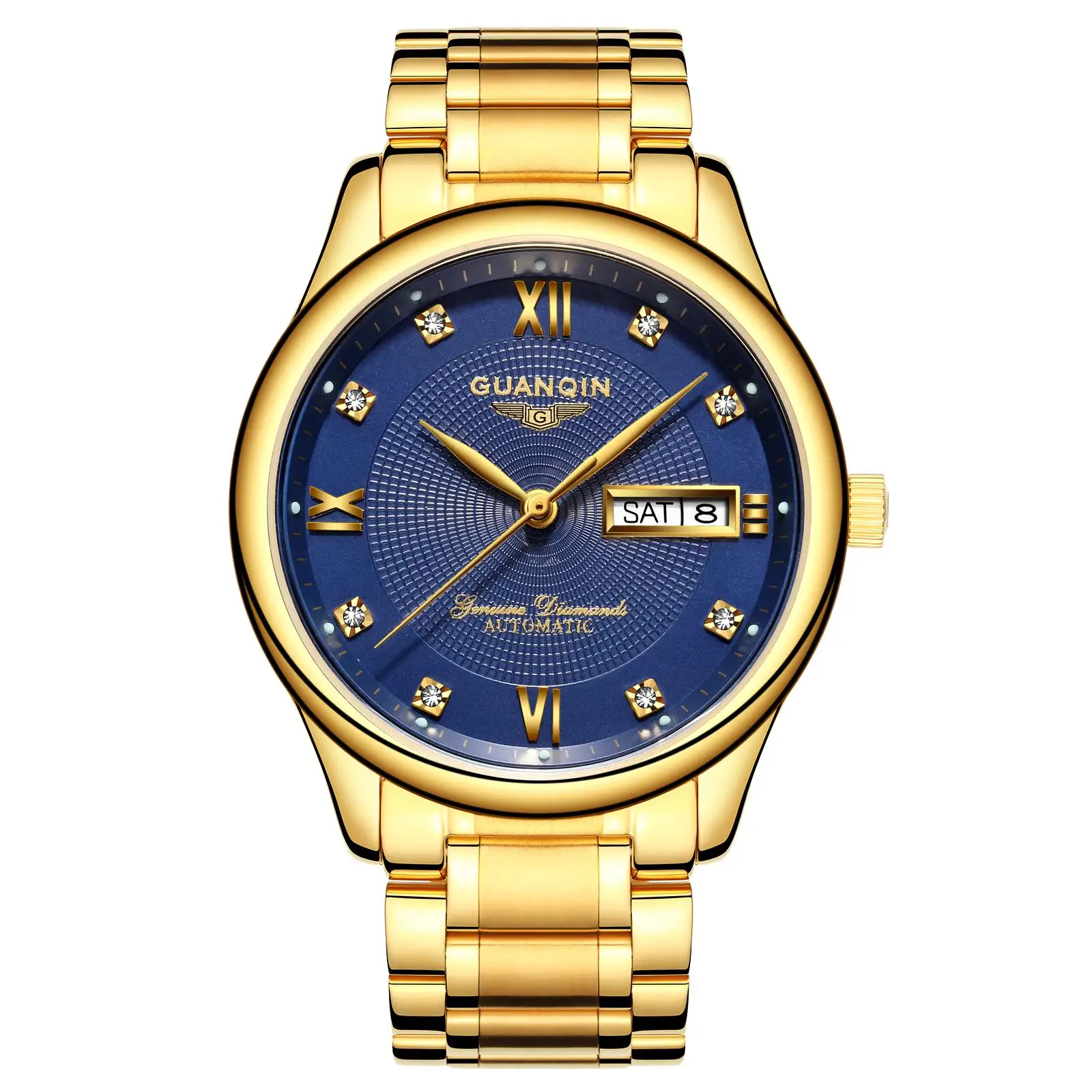 GUANQIN 40MM Analog Sapphire Men Automatic Mechanical Water Resistant Luminous Calendar Stainless Steel Strap Relogio Masculino
