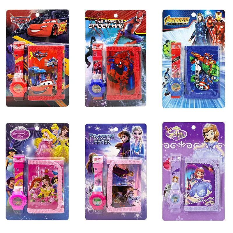 

Disney Frozen Spiderman Cars Snow White Sofia Watch Wallet Set Children's Cartoon Anime The Avengers Toy Watches Coin Purse