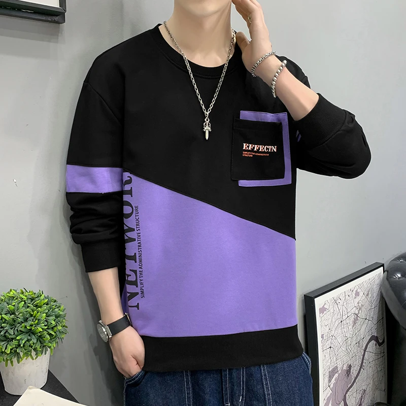 2023 Autumn Winter Long Sleeve Men's Casual Round Neck Bottom Hoodies Patchwork Pocket Contrast Color Letter Pullover Loose Tops
