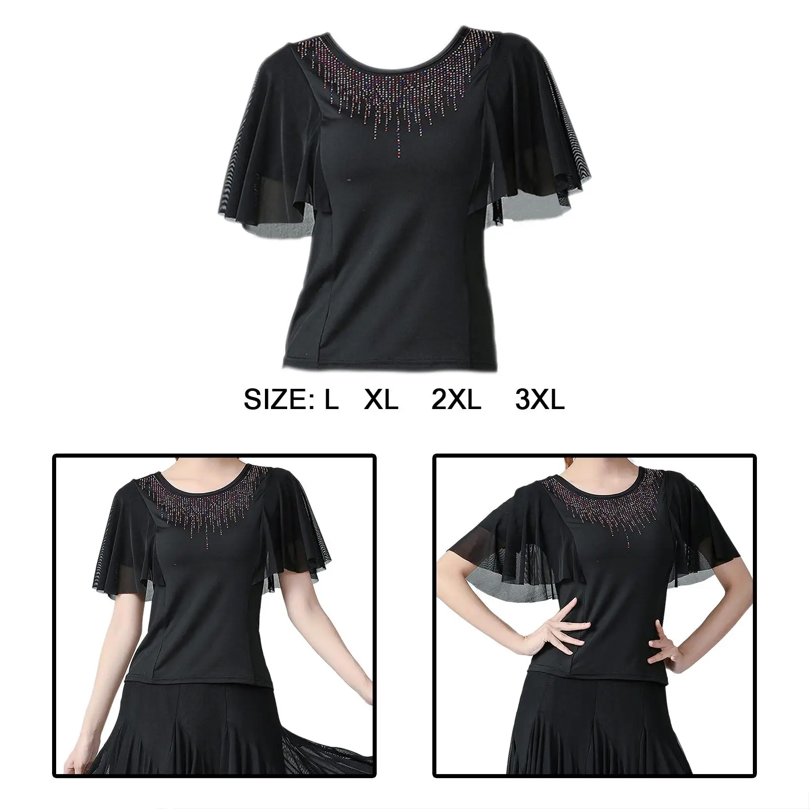 Women Ballroom Dance Tops Modern Bell Sleeves Blouses for Waltz Rumba Black