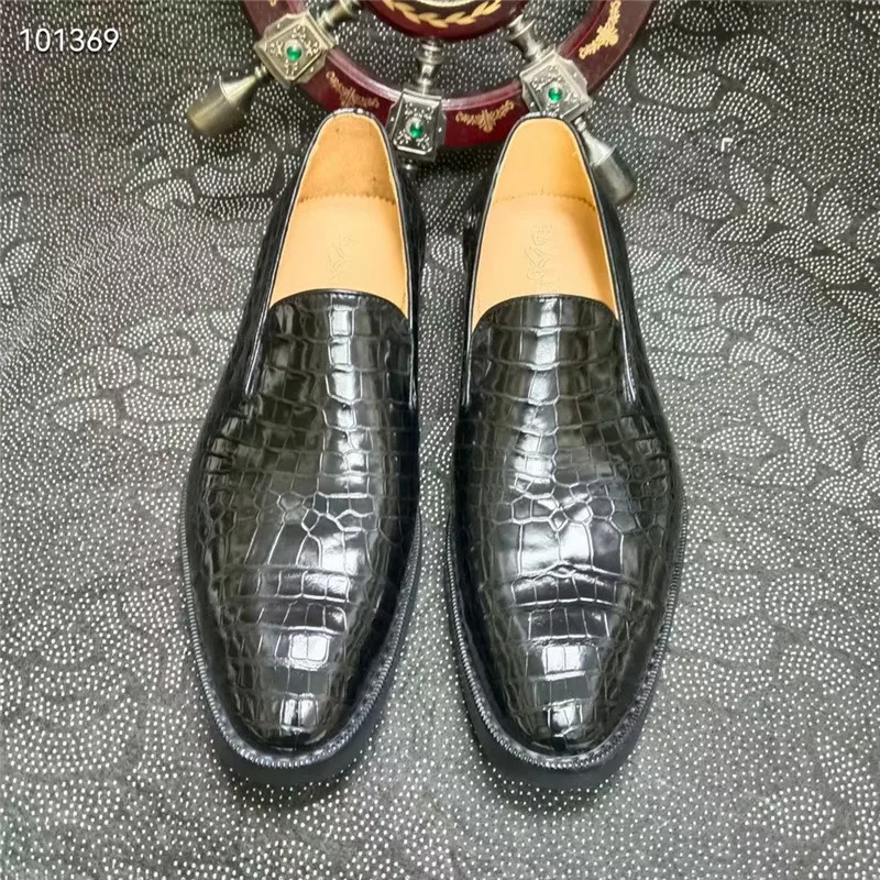 

Настоящая Натуральная кожа аллигатора, Классические однотонные черные мужские классические туфли без шнуровки из натуральной экзотической крокодиловой кожи