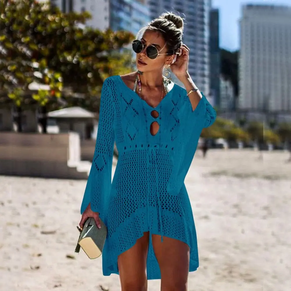 Fashion V Neck Summer Sunscreen Smock Knitted Hollow Out Swimsuit Cover Up Dress Bathing Suit Casual Bikini Cover-Ups for Women 5