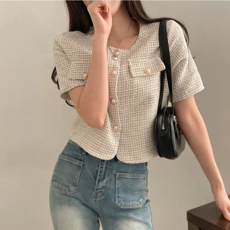 싱글 브레스트 차케타 무제 젠틀 자케타 여성 오넥 반팔 재킷, 격자 무늬 카사코 용수철, 여름 로파, 2024