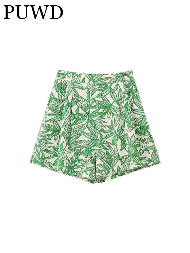 

PUWD Women Fashion Printed Skirts 2023 Summer Vintage Green High Waist Folds Loose Female Skirt Mujer