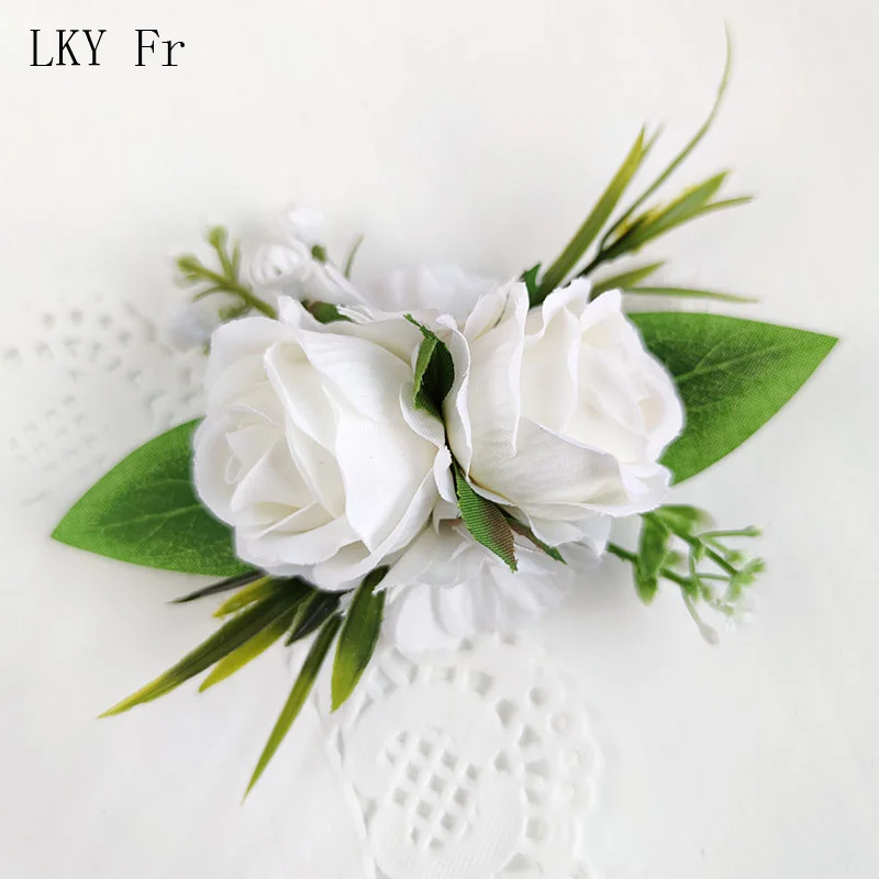 White Boutonniere Wedding Accessories Groom Buttonhole Wrist Corsage Brooch Flowers Artificial Silk Roses Bridesmaids Bracelets images - 6