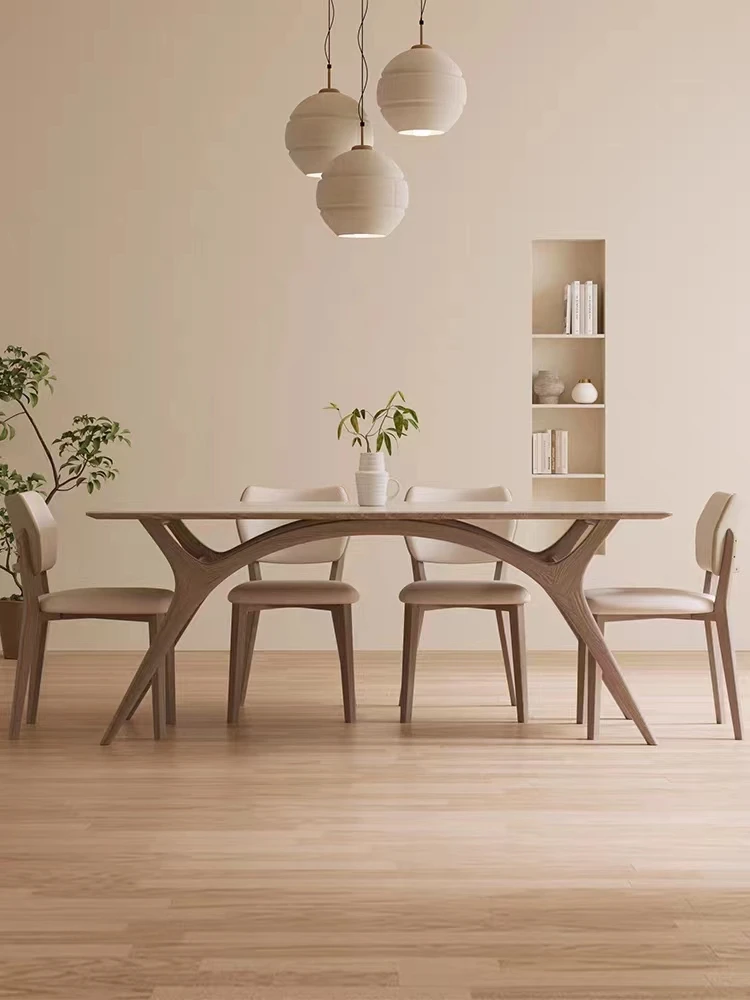 

Nordic white wax wood rock board dining table and chair combination Japanese modern cream style household dining table