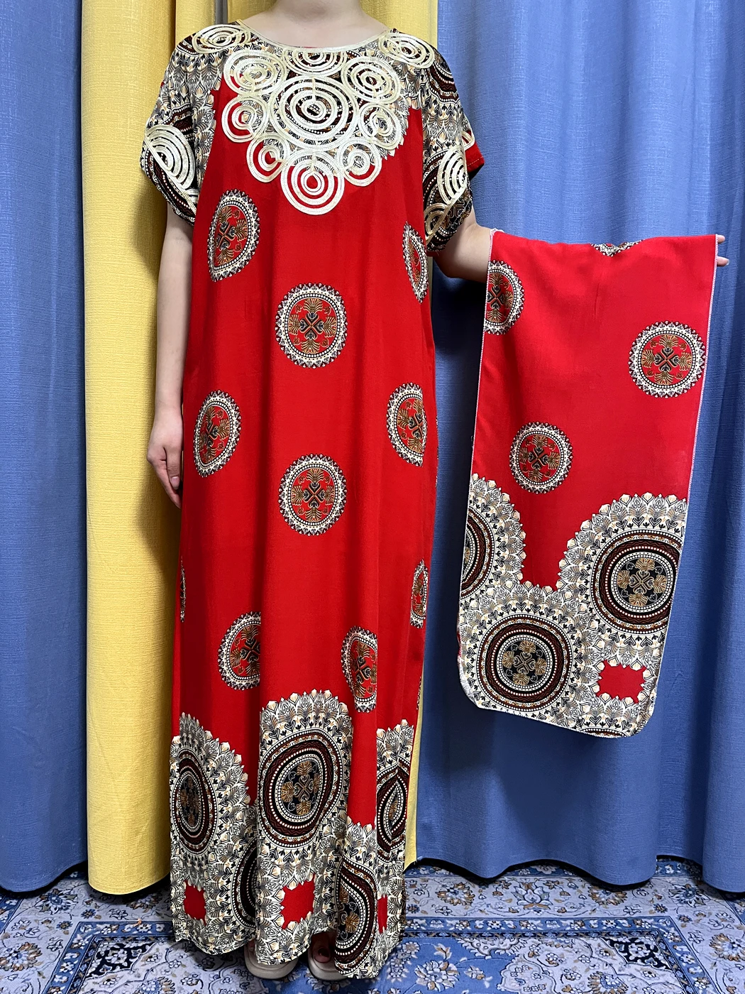 Muslim Abayas For Women 2023 Print Floral Appliques Cotton Loose Fit Femme Robe Traditional African Women Dresses With Headscarf